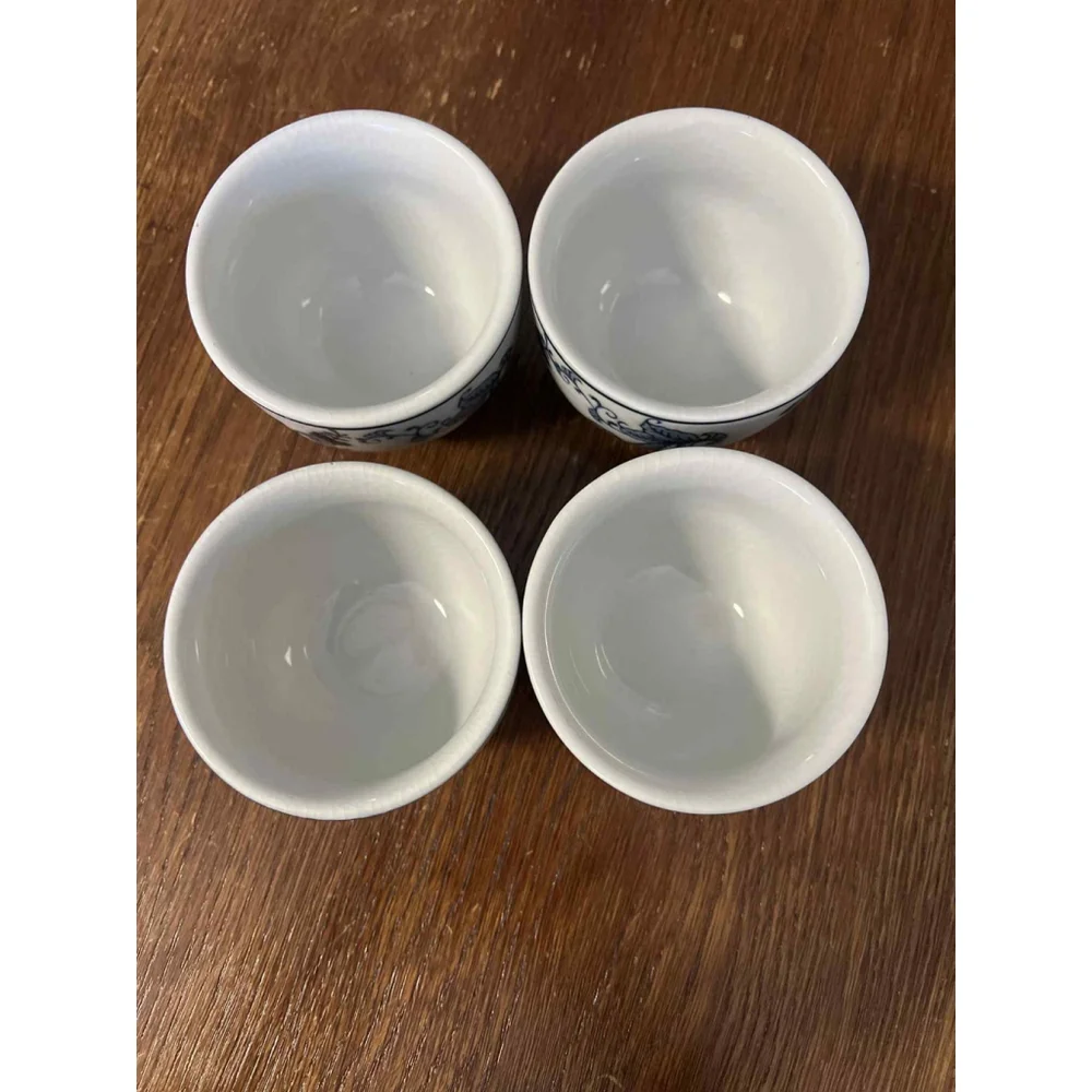 Pier 1 Imports Hand Painted Porcelain Tea Cups Set X4 Blue White Floral Asian